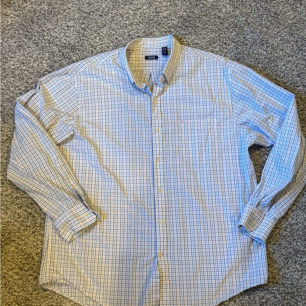 Izod Men's Light Blue and White (with pink) Plaid Shirt